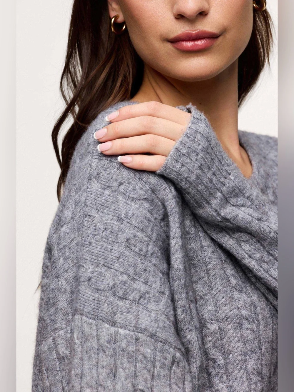 nuuds Cozy Knit Cable Crewneck Wool Yak Blend Sweater Charcoal Heather Gray XS